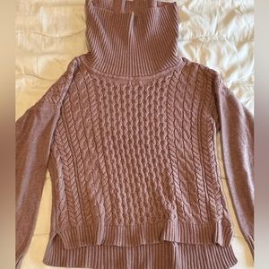 Pink Woven Cotton High Low Turtleneck Sweater